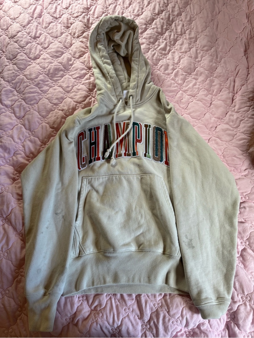 Champion Cream Hoodie with Multicolor Arched Logo